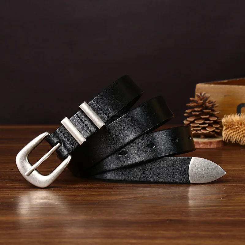 

Ремень из натуральной кожи 2,4 см с серебристой пряжкой, женский, в корейском стиле, модный, универсальный, ретро, из воловьей кожи, для брюк и юбок