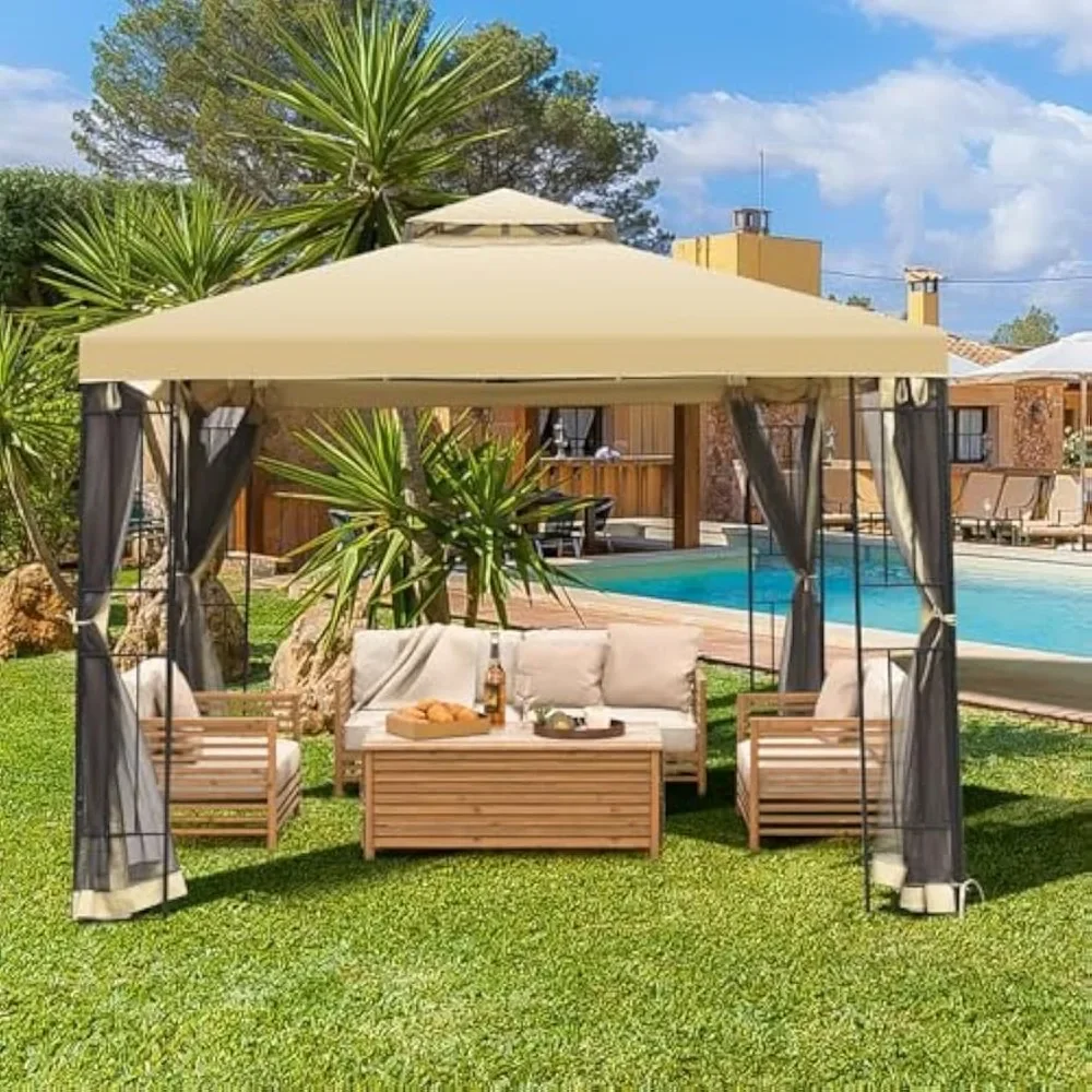 

Gazebo, Double Roof Metal Gazebo with Netting, Heavy Duty Steel Frame, Patio Gazebo with 100Square Feet of Shade for Garden,