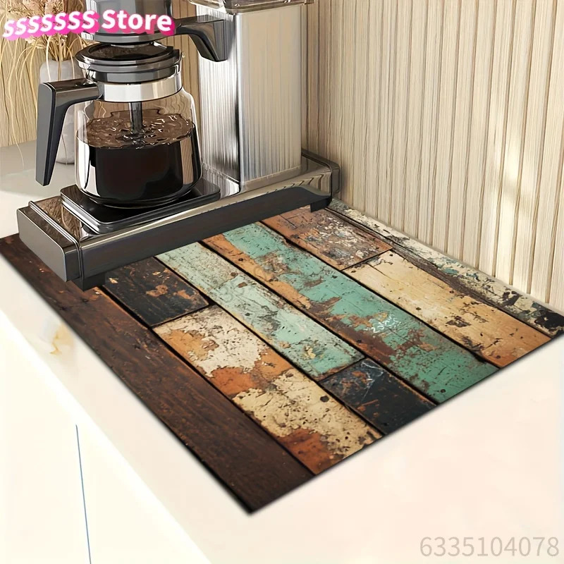 Rustic Wooden Plank Design Quick-Dry Kitchen Drying Mat - Absorbent, Non-Slip Rubber Backing, Stain-Hiding for Dishes & Coffee