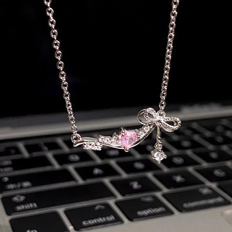 Fashion Pink Zircon Love Bow Necklace For Women Girls Sweet Elegant Party Pendant Charm Chain Necklace Party Jewelry Accessories