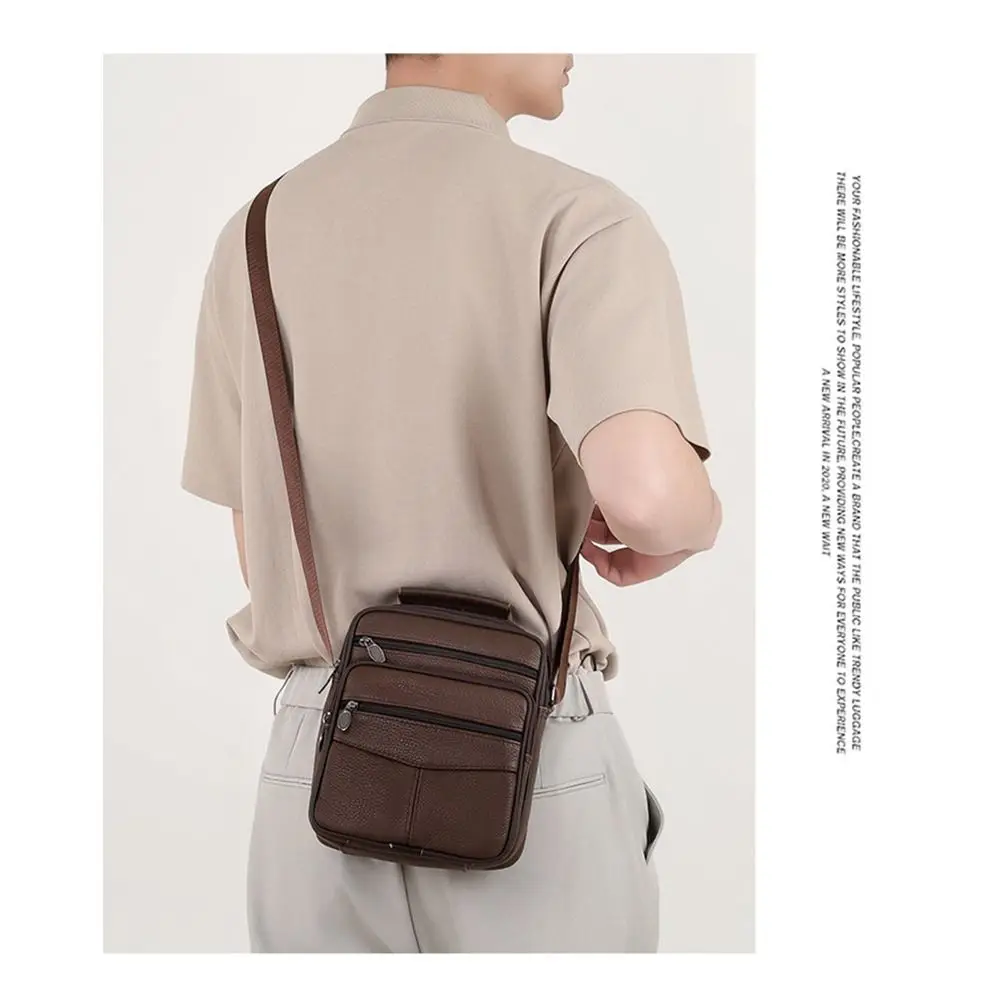 Natural Leather Men's Leather Handbag Small Size Tablet Compartment Genuine Leather Shoulder Bag Shoulder Strap Messenger Style