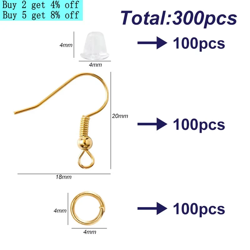 300-teiliges Ohrring-Set, hypoallergen, Ohrringhaken, Biegeringe, durchsichtige Gummi-Ohrring-Verschlüsse für Schmuckherstellung, Zubehör – Detail 2