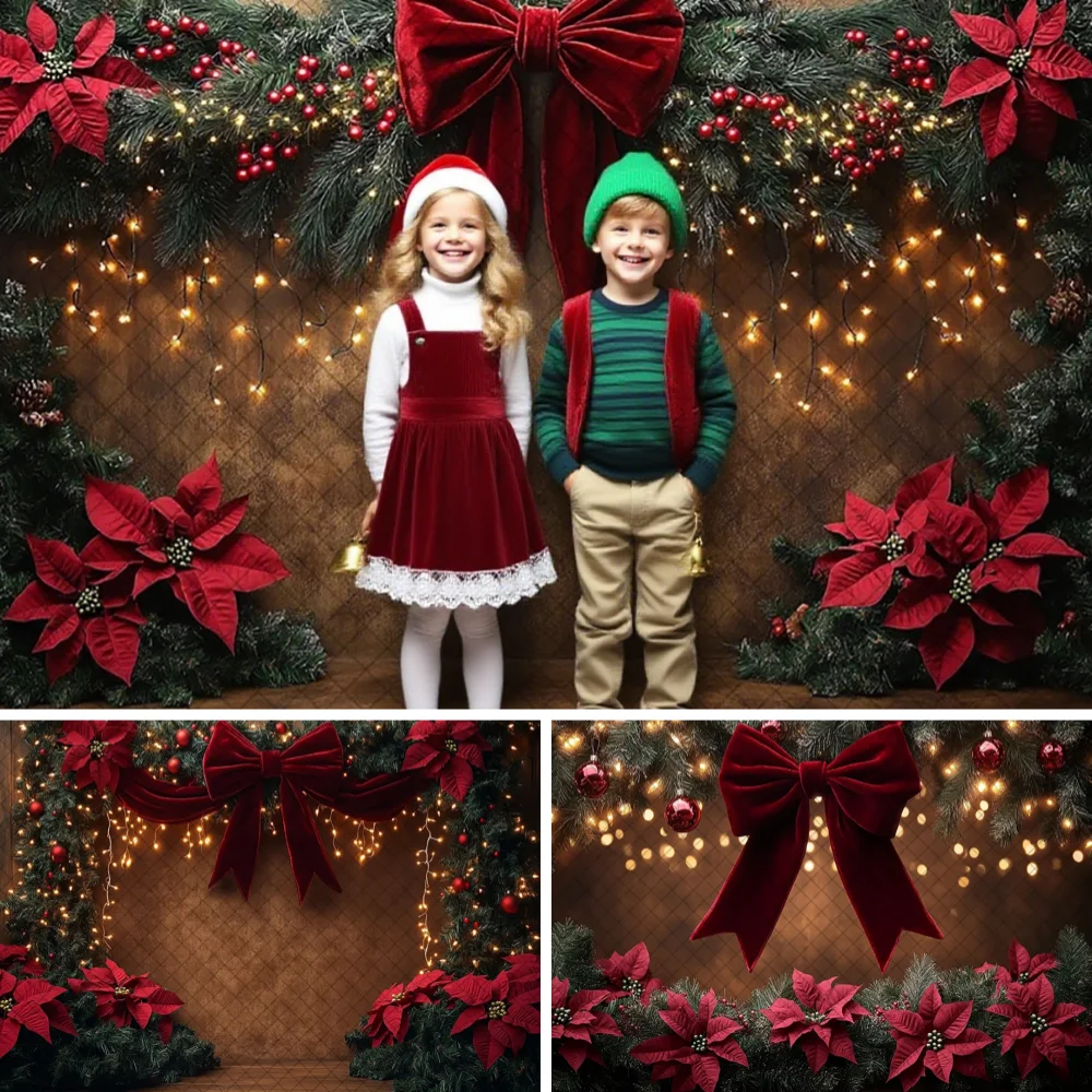 

Wreath Bow Ribbon Christmas Photography Backdrop Family Xmas Shining Lights Holiday Home Decor Backgrounds Photo Studio Supplies