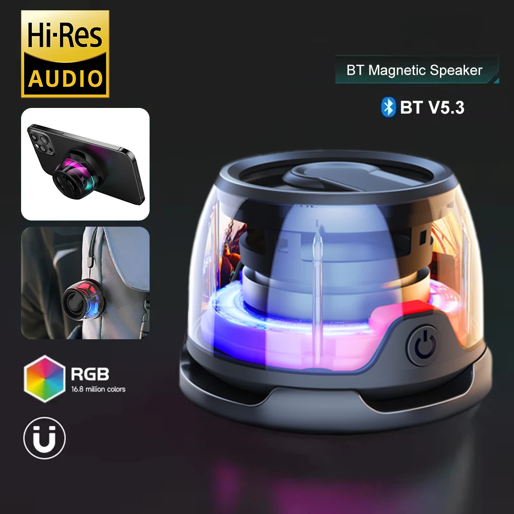 Alto-falante bluetooth magnético portátil ao ar livre sem fio mini alto-falante estéreo de viagem com luz colorida rgb e suporte de telefone para ios