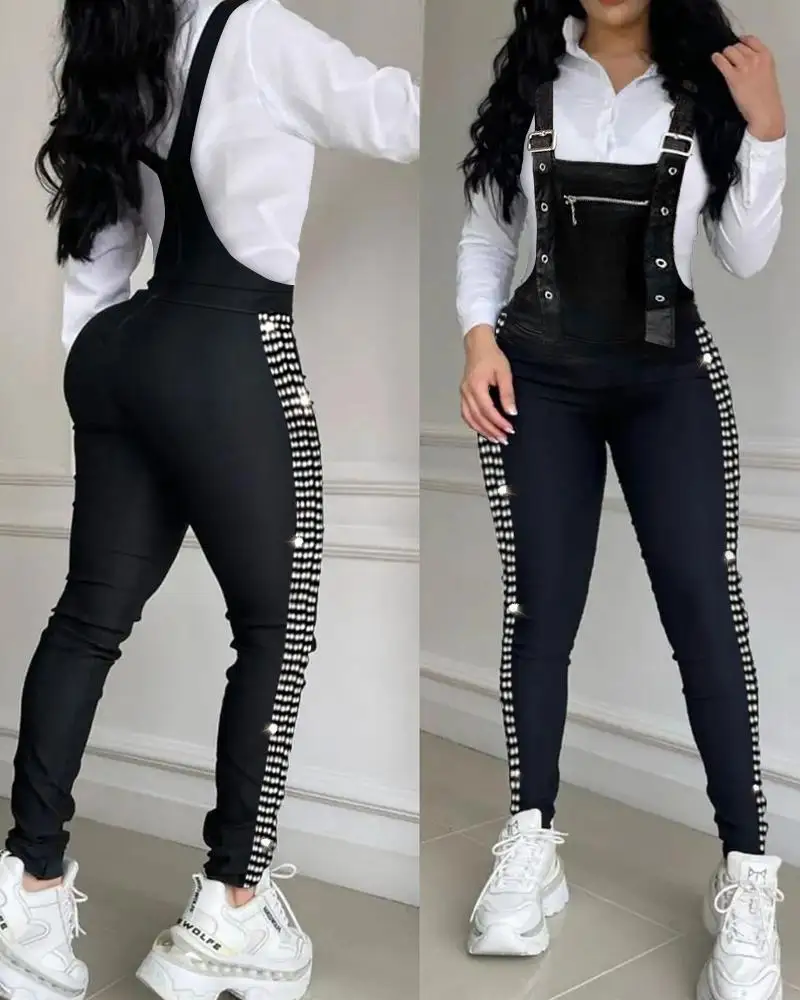 

Elegant Rhinestone Decor Buckled Suspender Jumpsuit Women 2023 Spring Autumn Casual Plain Skiny Overalls Bodycon Jumpsuits