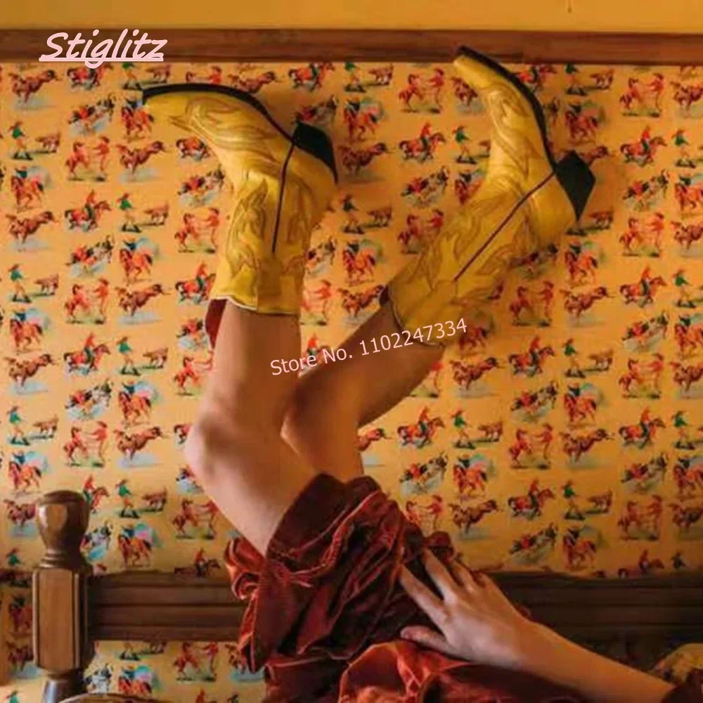 Pink Embroidered Cowboy Boots Solid Round Toe Footwear Flack Suede Mid-calf Boots 2025 Autumn Women\'s Low Chunky Heel Shoes