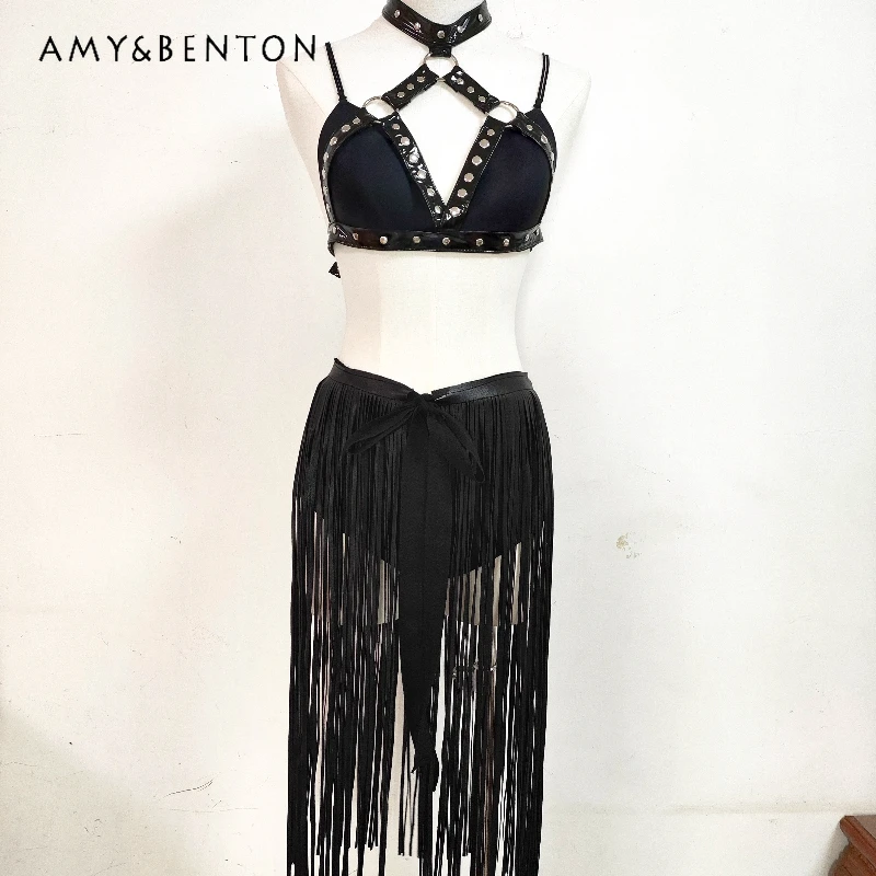 

Европейский и американский готический сексуальный корсет Y2K, женский жилет, оригинальный дизайн, новый комплект из искусственной кожи с длинными кисточками, женский комплект платьев