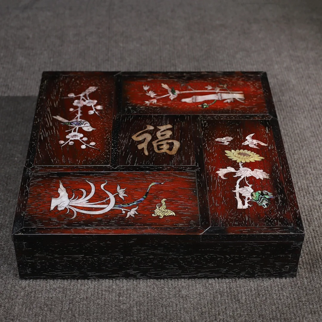 Treasured Rosewood Box Inlaid Shells, Featuring Five Auspicious Symbols Of Plum, Orchid, Bamboo, Chrysanthemum, With Pull-Out
