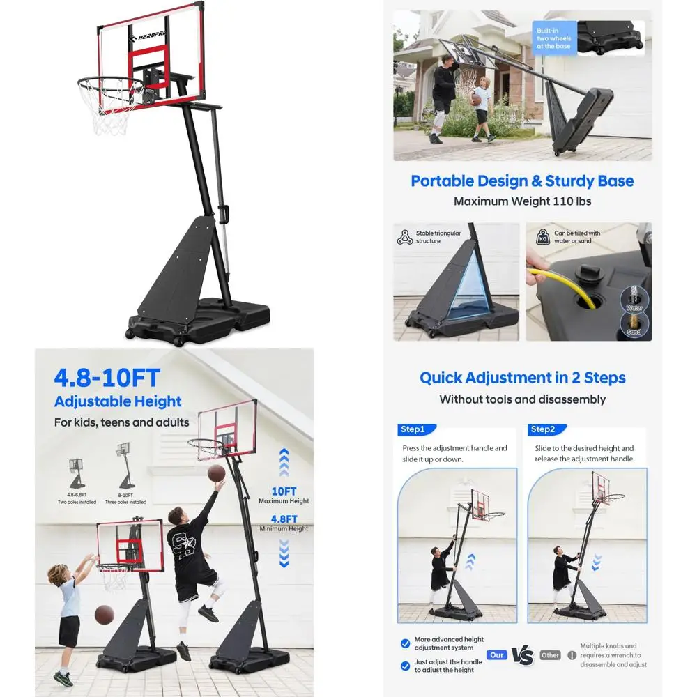 Aro de baloncesto ajustable para niños y adolescentes, 3,3 a 10 pies, tablero inastillable de 40 pulgadas, portería portátil