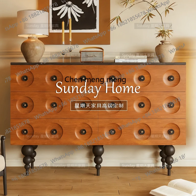 

Medieval round chest, wood color Roman column, side cabinet, French retro entrance cabinet