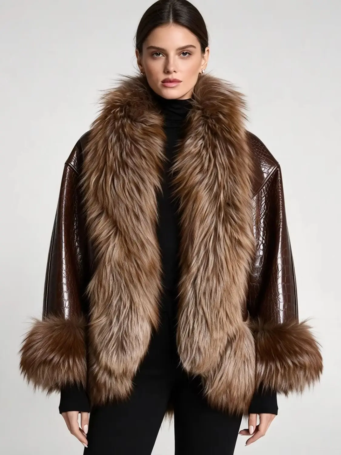 LIMO Women Croc Faux Leather Jacket Big Faux Fur Collar Cuff Open Front Winter Coat