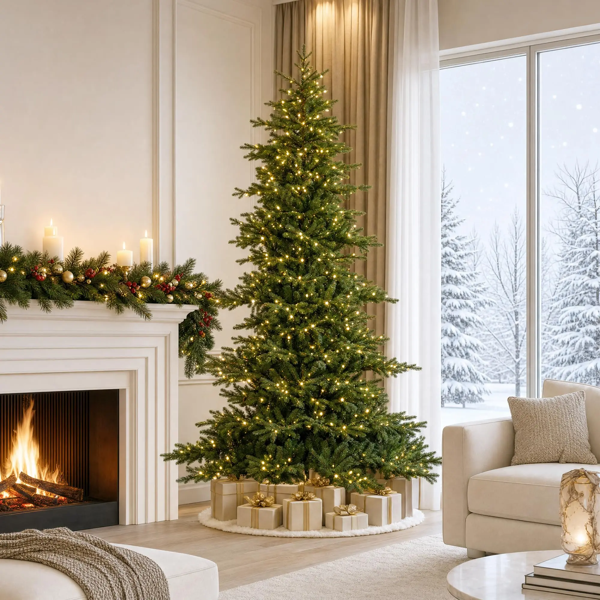 9ft Prelit Artificial Christmas Tree, Full Realistic Green Glow Berry Fir Xmas Tree with 900 Warm White and Multi-Color