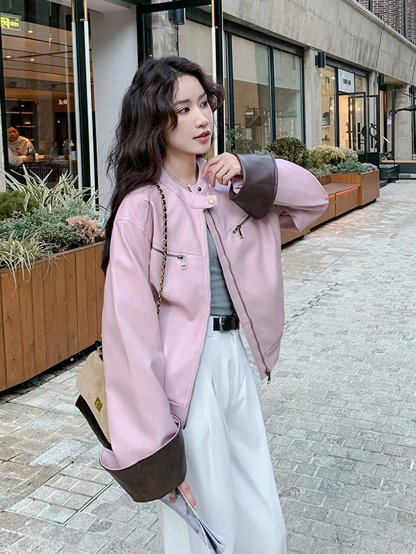 Pink Color Blo Slim Fit ort Leather Jaet Women's Outerwear Spring Autumn 2025 New Faion PU Leather Jaet