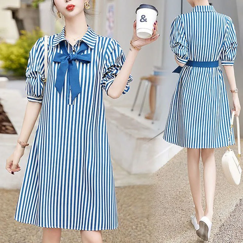 Commuter Minimalist Summer New Women's Square Collar Button Striped Elegant Trendy Slim Comfortable Half Sleeve Lacing Dress