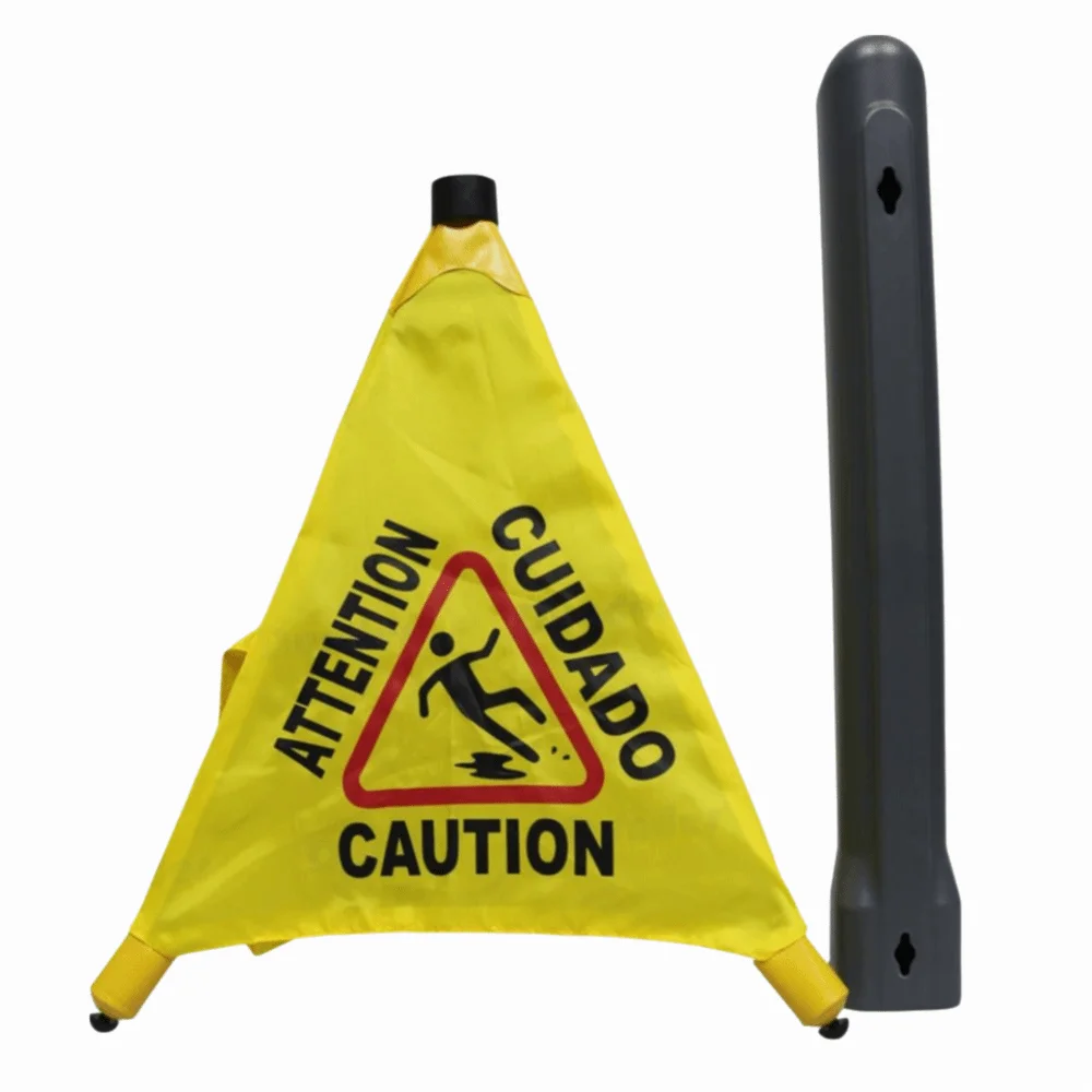 Triangular Cone-Shaped Caution Wet Floor Sign Foldable Wall Mounted Safety Warning Cone Pop-Up Design Multilingual