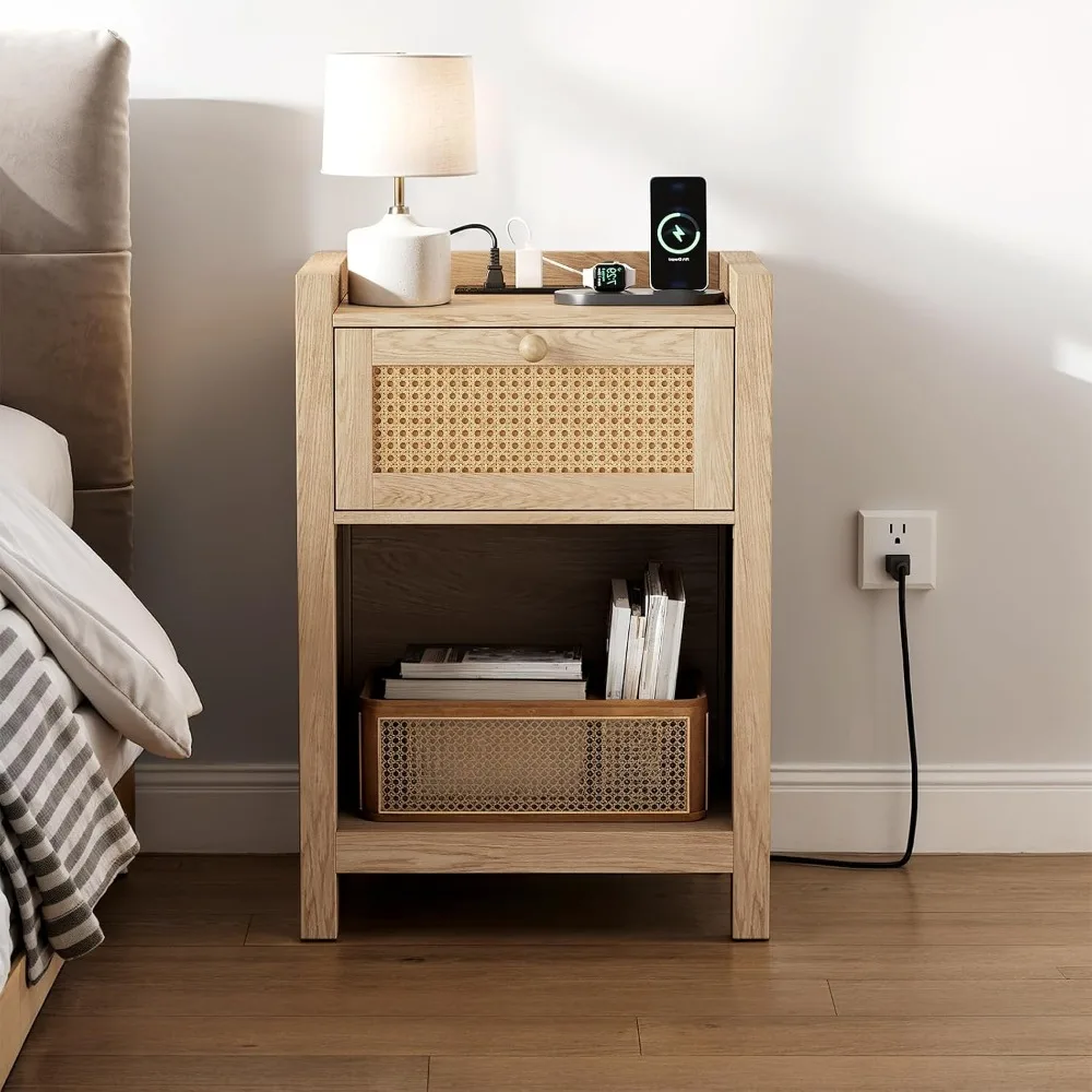 Rattan Nightstand Set of 2 with Charging Station, Boho Bed Side Table with Drawer & Open Shelf, Night Stand End Table ,Custom