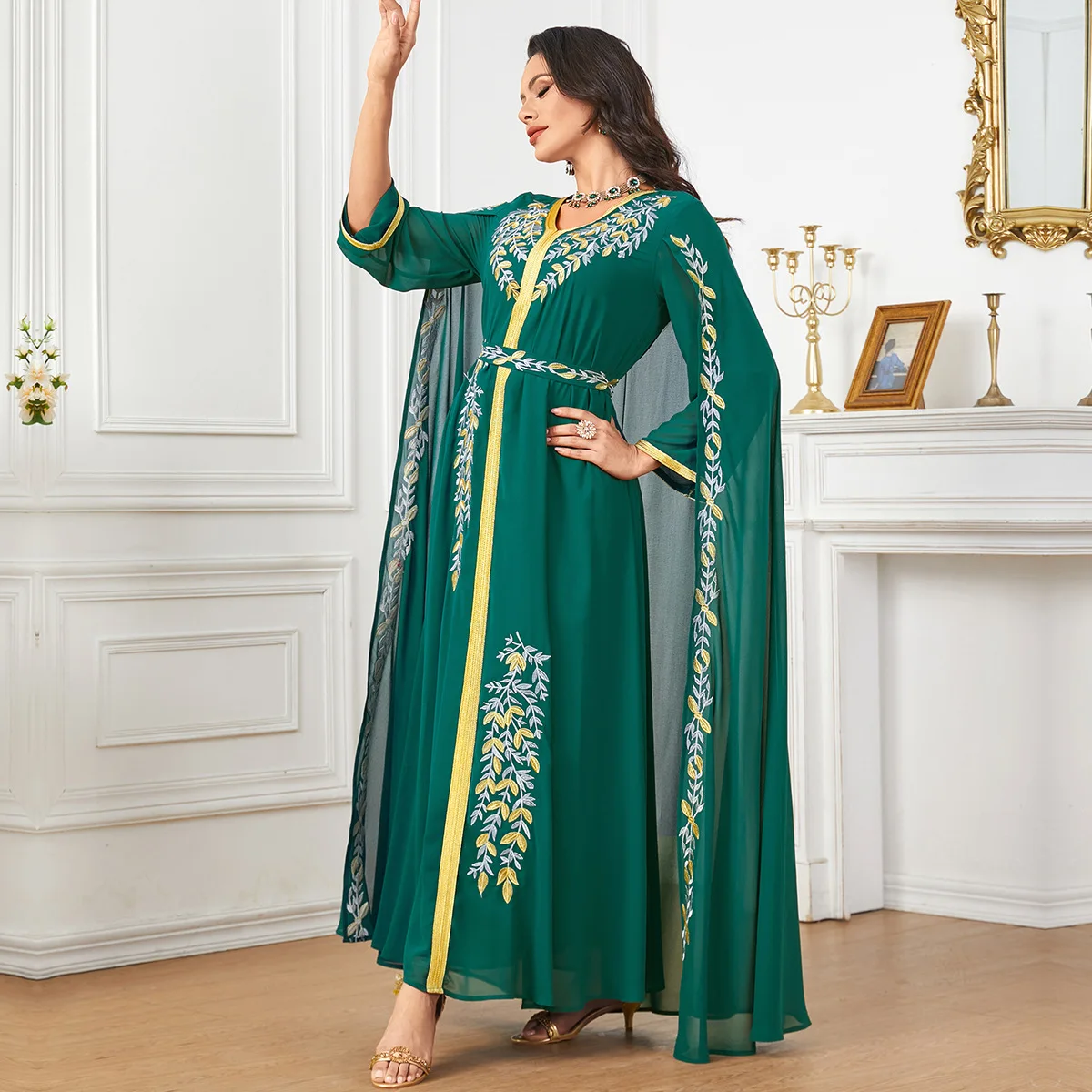 Eid Ramadan Djellaba Embroidery Cloak Cape Maxi Dress Set For Women Muslim Evening Party Gown Dubai Abaya Morocco Kaftan Robe