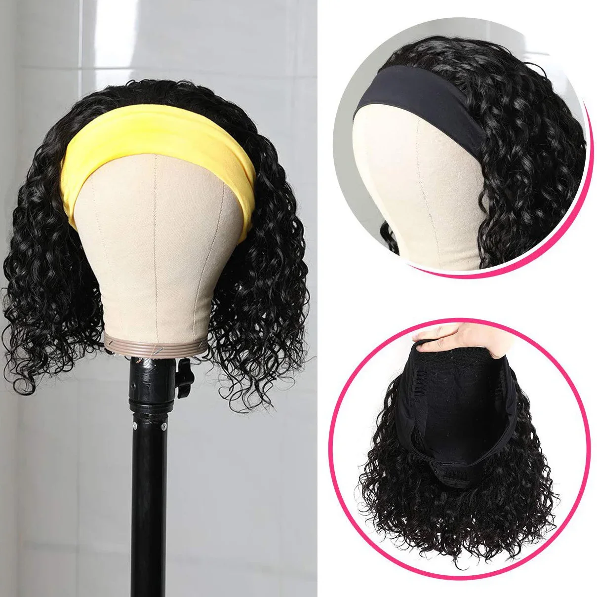 10-14 Inch Deep Wave Headband Wig Human Hair Curly Headband Wigs For Women Short Bob Wig Full Machine Made No Glue Under $40