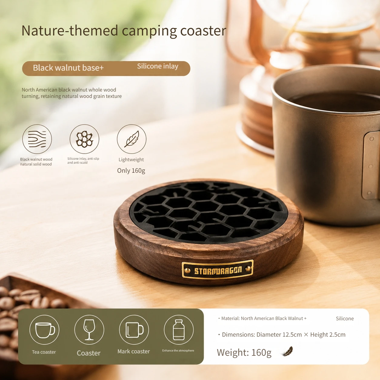 Outdoor Camping Natural-Style Camping Coaster with Black Walnut Wood Base + Silicone Inlay, Lightweight 160g, Non-Slip and Heat-Resistant, Camp Aesthetics