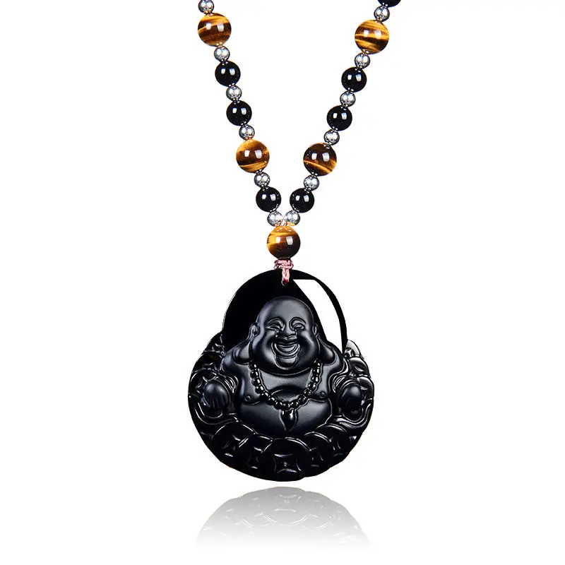 Natural Obsidian Buddha Pendant Necklace Money Drawing and Luck Changing Maitreya Buddha Pendant Men's and Women's Sweater Chain