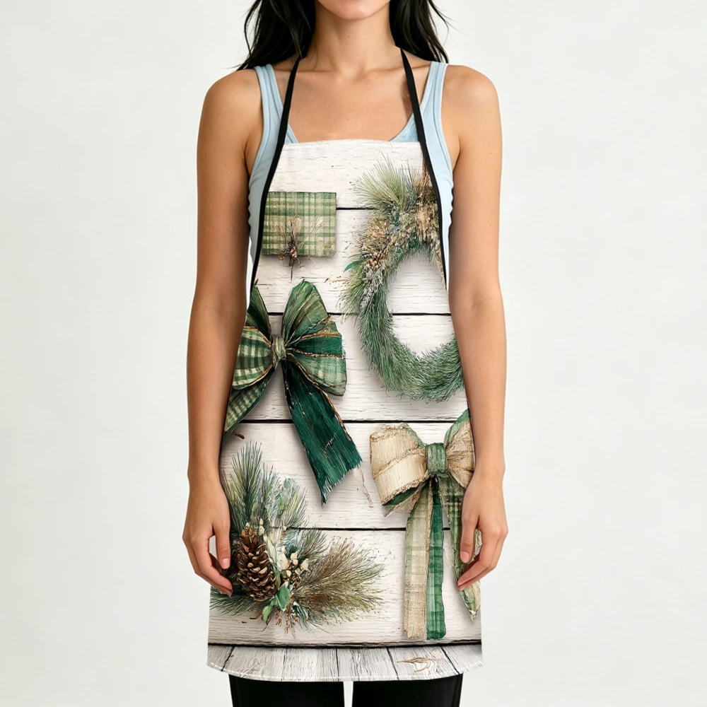 Rustic Christmas Apron Pinecone Wreath Print Kitchen Aprons Cooking Baking Adjustable Bibs
