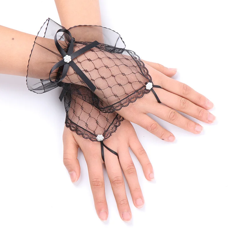 Gloves Faux Pearl Flower Finger Loop Hollow Mesh Lace White Ivory Standard Size Lightweight Halloween Party Wedding Bride Cute