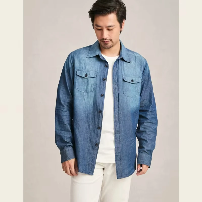 

Spring Autumn Vntage New Fashion Men's Washed Gradient Color Turn-down Collar Pocket Denim Shirts Male Loose Classic Clothes Top