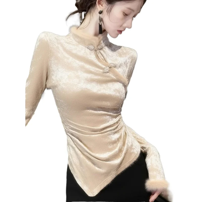 New Chinese-style Button-down Velvet Top Unique Super Beautiful Women Winter Features Irregular Slimming Form-fitting Base Shirt