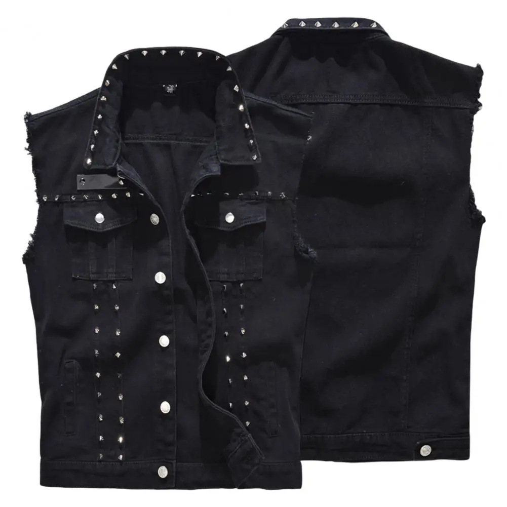 Men Vest Solid Color Sleeveless Rivets Single-breasted Slim Turndown Collar Waistcoat Korean Style Buttons Vest Coat Streetwear