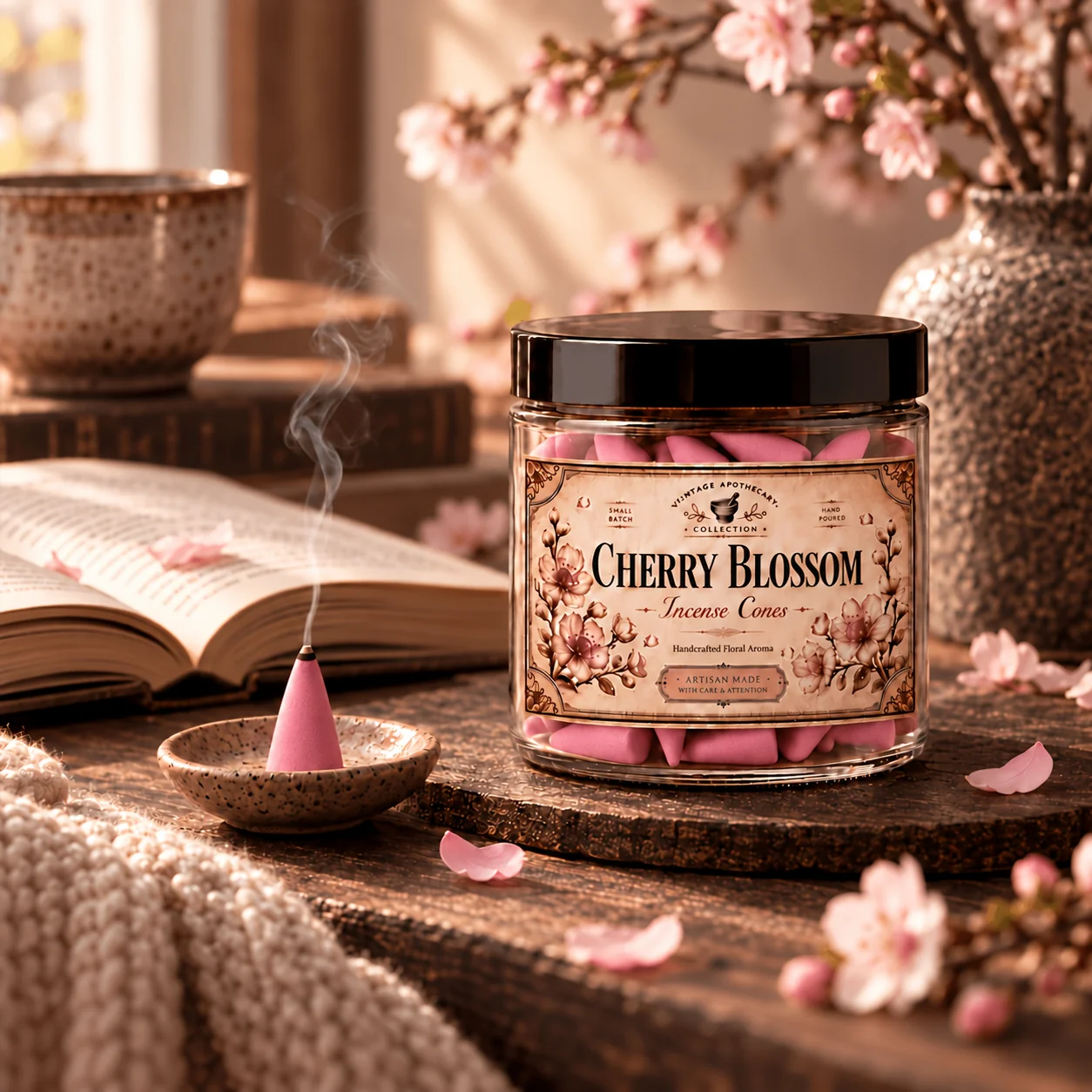 Sakura Incense Cones, Hand-Pressed Slow-Burning Incense with a Delicate Cherry Blossom Aroma and a Soft Floral Scent, Suitable for Use in Bedrooms, Living Rooms, Study Rooms, Offices, and Yoga Meditation Spaces After Lighting, the Fine Smoke Rises Naturally, Making It Suitable for Reading, Relaxing before Bed, Everyday Home Fragrance, Holiday Decorations, and Personal Use as a Gift.