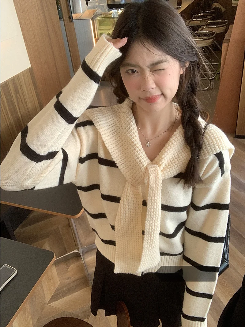 

Корейский полосатый вязаный свитер, женский осенне-зимний новый модный шил, верхняя одежда, модный топ для колледжа
