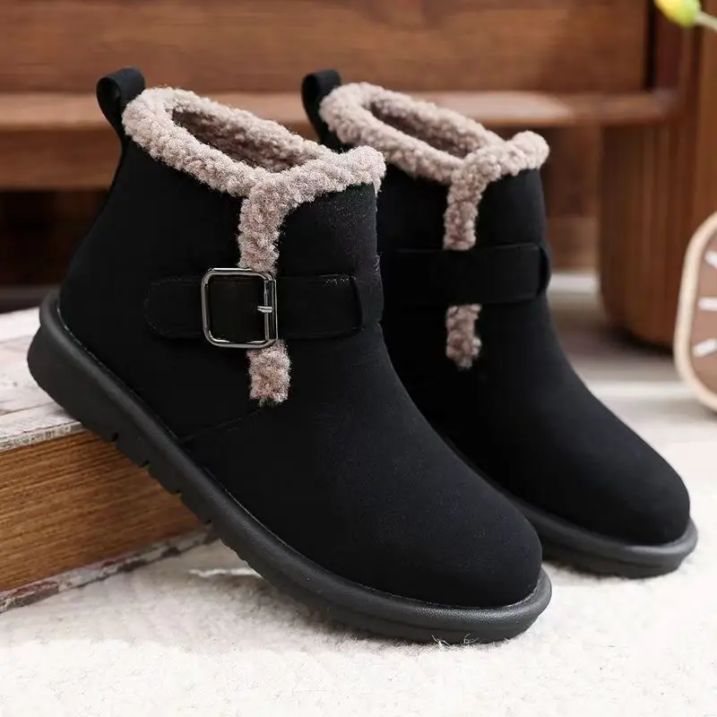 

Women Winter New Leather Flat sole Snow Boots Soft Sole Round Toe Plush Keep Warm Lightweight Slip On High Top Cotton Shoes