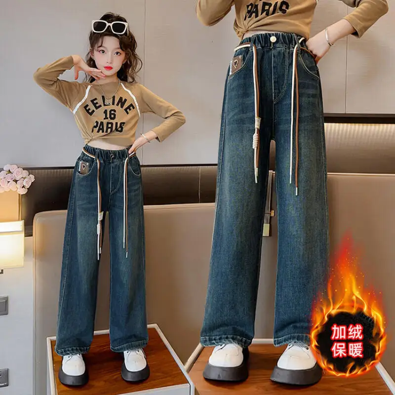 الفتيات الخريف والشتاء الجينز كاوبوي مستقيم الساق السراويل سراويل تقليدية الأطفال المخملية السراويل طالب ملابس الفتاة الملابس