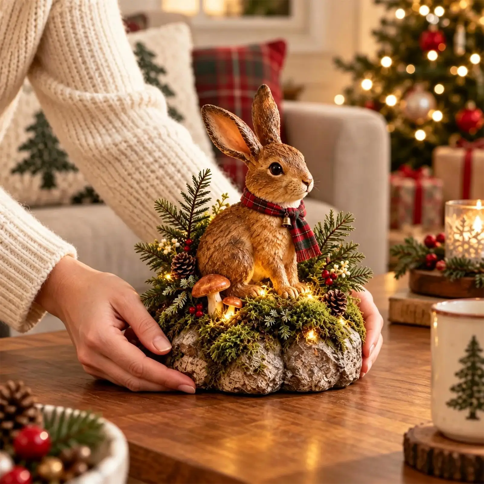 Bunny Figurines LED Lighted Christmas Holiday Bunny Decoration Resin Art Sculpture Winter Decor For Home Living Room Fireplace