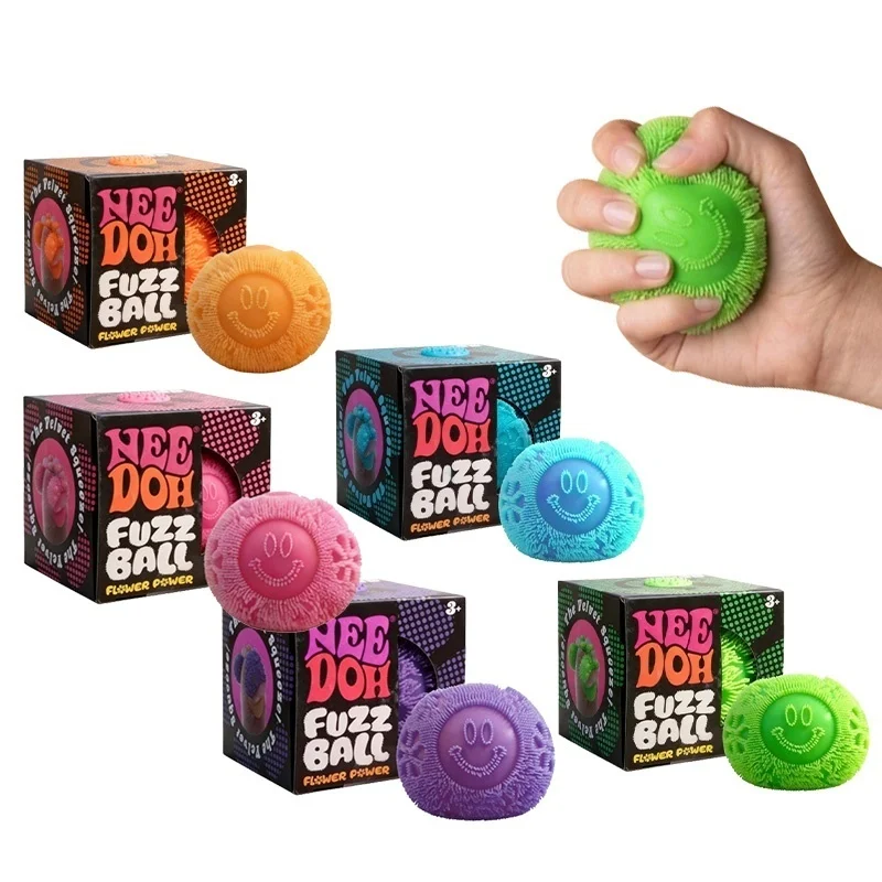 Needoh Fuzz Ball Series Squeeze Tactile Sensory Fidget Toys Smiling Face Soft Squishy Fast Rising Vent Anxiety Stress Relief Toy