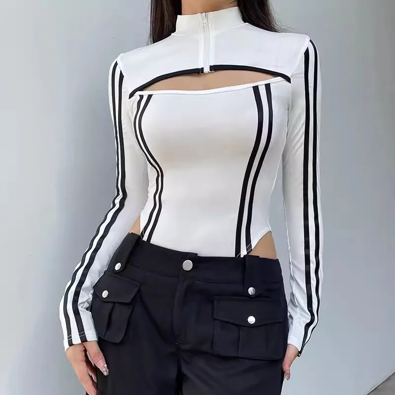 Autumn Sexy Bodysuits Women New Long Sleeves Cut Out Patchwork Zipper Turtleneck Bodycon White Rompers Fashion Casual Streetwear