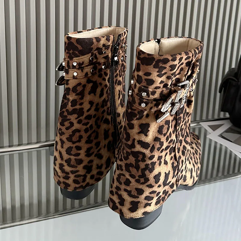 Fashion Metal Women Ankle Boots Leopard Print Footwear With Square Heels Shoes Pointed Toe Ladies Short Booties Zippers Shoes