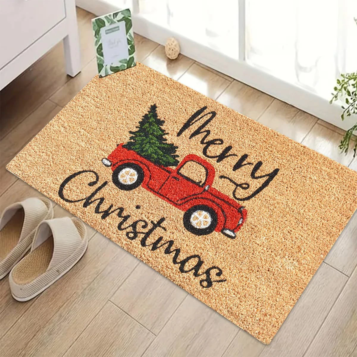 

Merry Christmas Doormat Truck Christmas Tree Welcome Door Mat Non-Slip Water Absorbent Doormat for Garage Deck