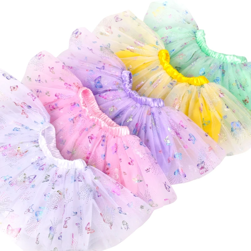 New Butterfly Print Tutu Skirt, Sparkle Glitter Mesh Tulle, Elastic Soft Waistband, Multi‑Layer Fluffy Skirt for Ballet Dance