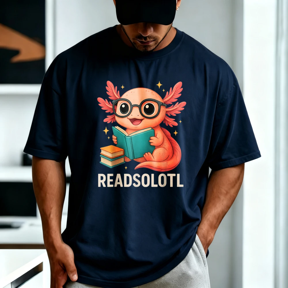 Readsolotl Kawaii Axolotl Funny Reading Book Lover Graphic Printed T-Shirt Short Sleeve Casual Fashion Breathe Comfort Tees