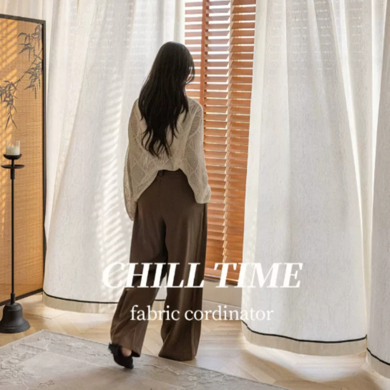 Cotton Linen Look Tulle Semi Sheer Curtains for Living Room Bedroom in Premium Black Edge Voile Vintage Lace Privacy Drapes Door