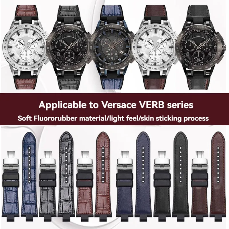 

For Versace Watch Strap Men's Fluororubber Patch VE Sport Tech VERB00118 218 Leather + Rubber Bottom Raised Bracelet Watchband