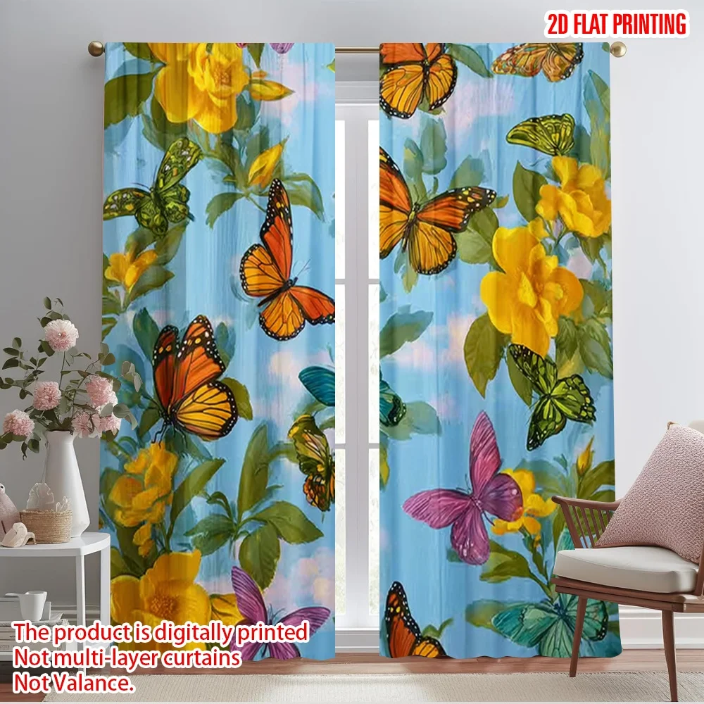 

2pcs 2D flat printing Drapes Tropical Flowers and Butterflies Blue Sky Clouds 100% Polyester Without Electricity Birthday Party