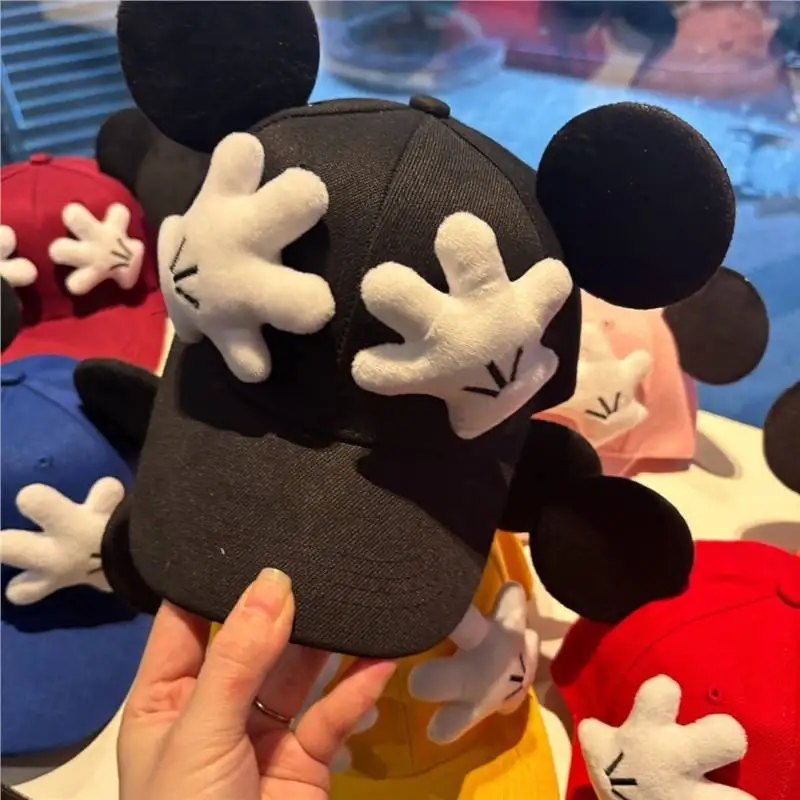 Unisex Cartoon Mouse Ears Adjustable Snapback Hat Plush Palm Decor Baseball Cap for Outdoor Travel Sun Protection Birthday Party