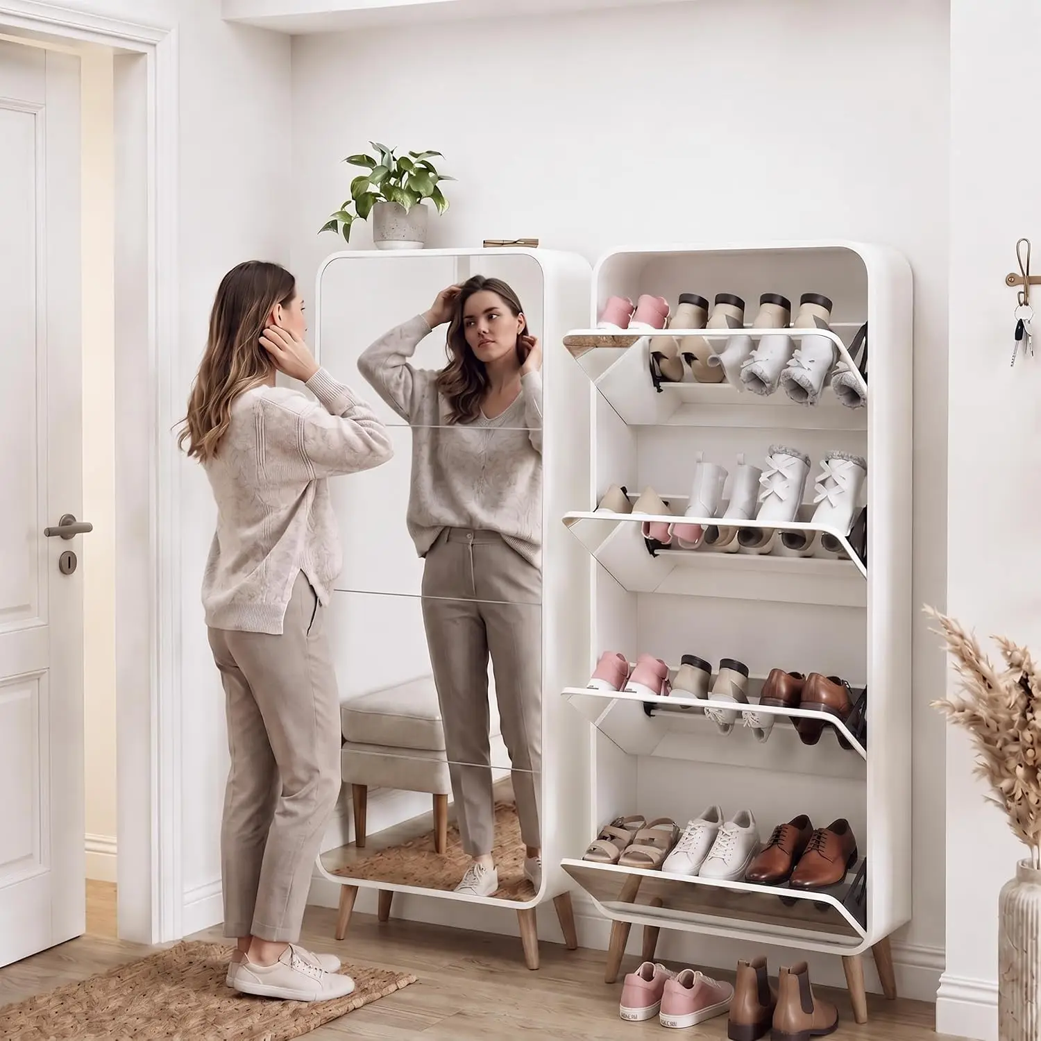 Mirror Shoe Cabinet 4 Flip Drawers Entryway Organizer, Customized