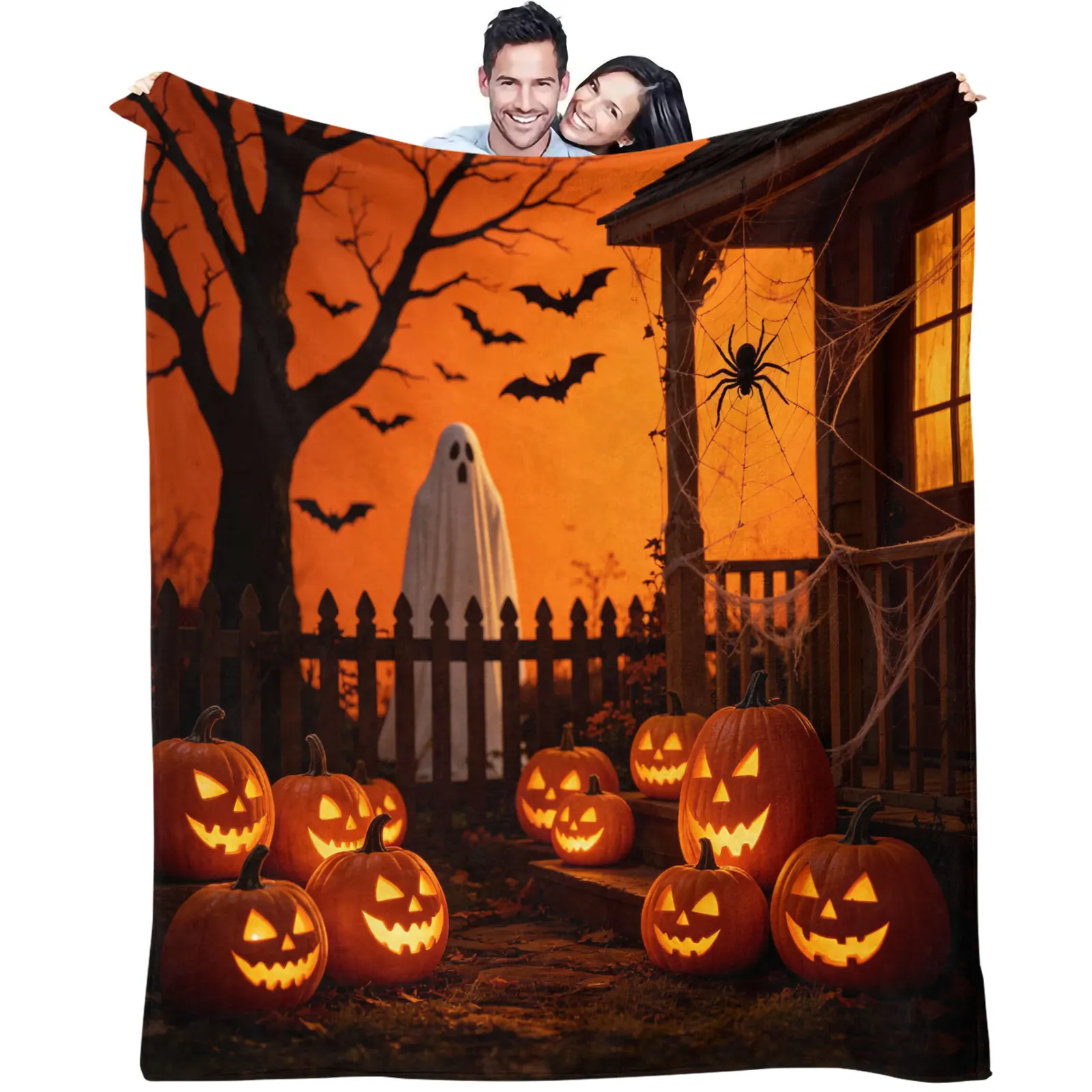 Vintage Halloween Night Flannel Throw Blanket Scary Ghost Glowing Pumpkin Bat Spider Web Print Soft Warm Blanket Sofa Bed Home