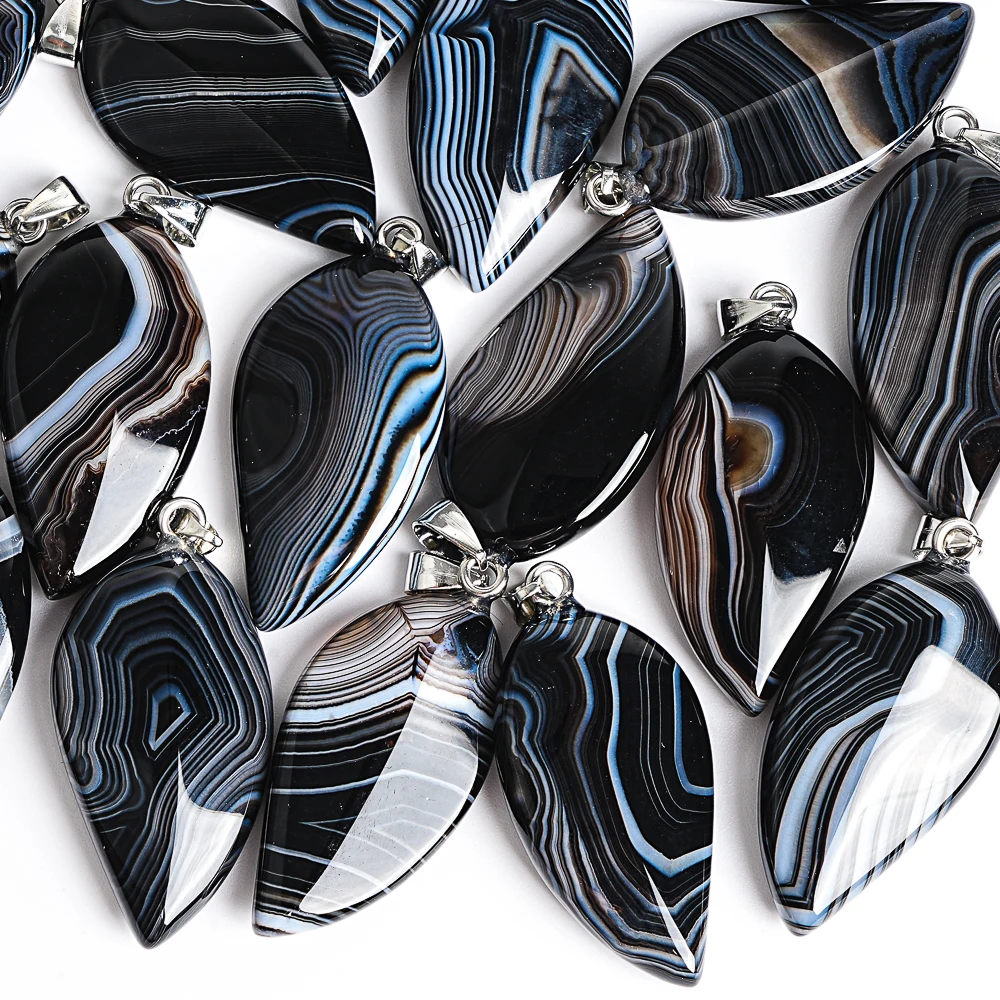

1Pcs Black Striped Agate Pendant 39x21x8mm Leaf-Shaped Stone Elegant Boho Dangle Charm Necklace for Jewelry Making wholesale