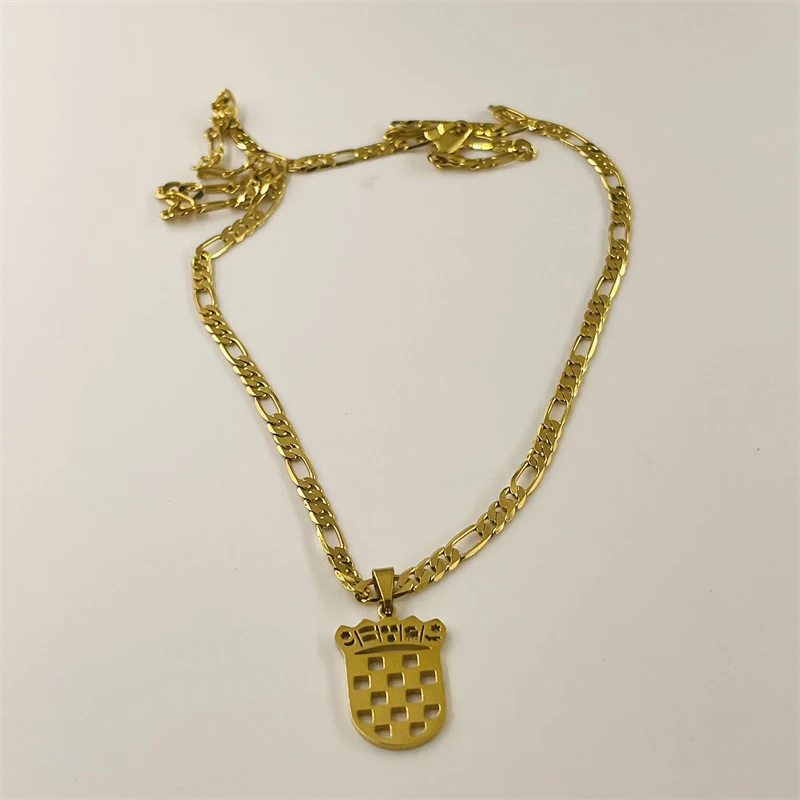 Croatian commemorative national emblem necklace, hollowed out shield shaped checkerboard pattern, gold-plated titanium steel men