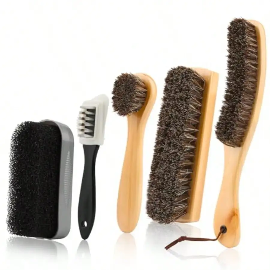 

5pcs Horsehair Shoe Brush Premium Shoe Polish Brush Horsehair Felt Hat Brush Kit With Cleaning SpongeBoot Brush Multipose Horse Hair Brush For Leather Shoes Felt Hat Furniture
