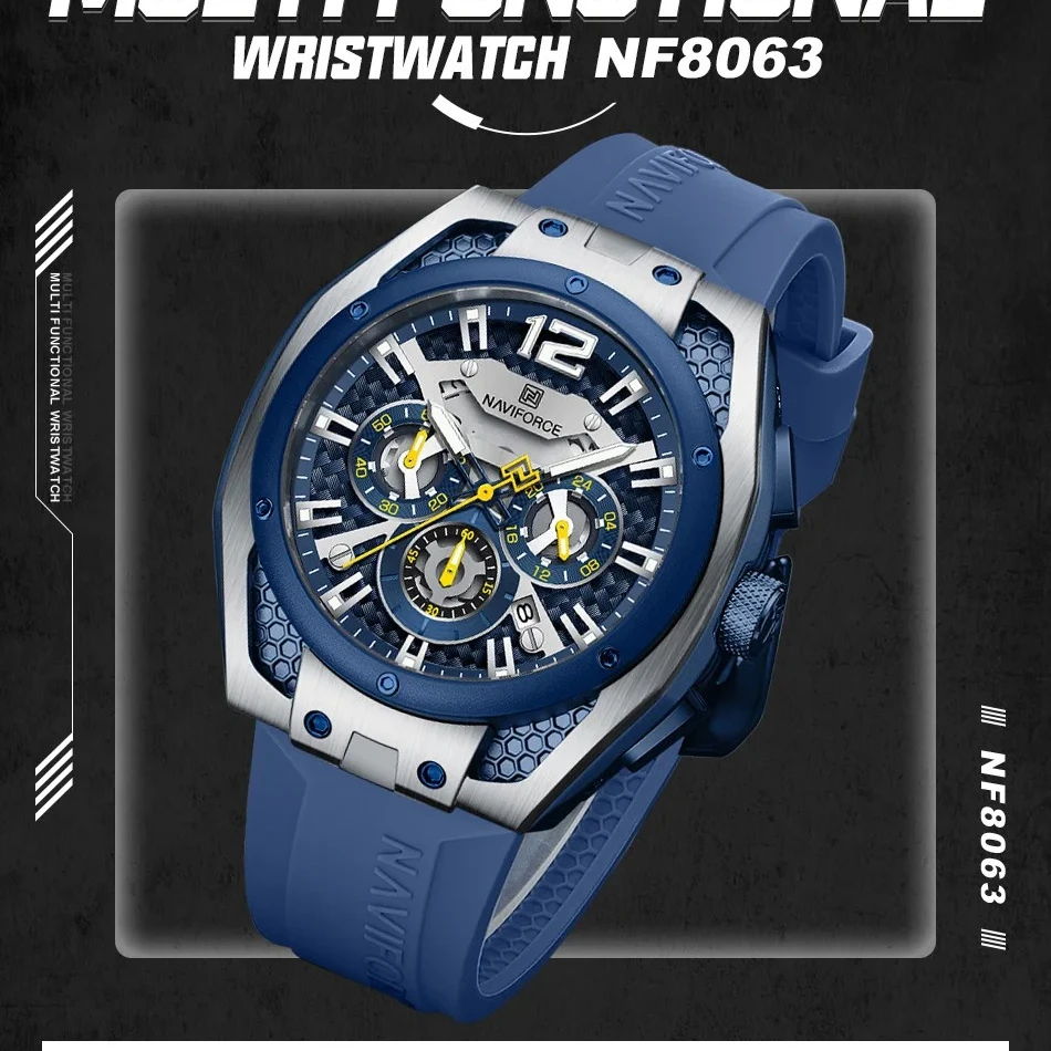 NAVIFORCE 8063 Top Brand Men Quartz Watch Multifunction Sport Chronograph 3ATM Waterproof Wrist Watch Clock Relogio Masculino